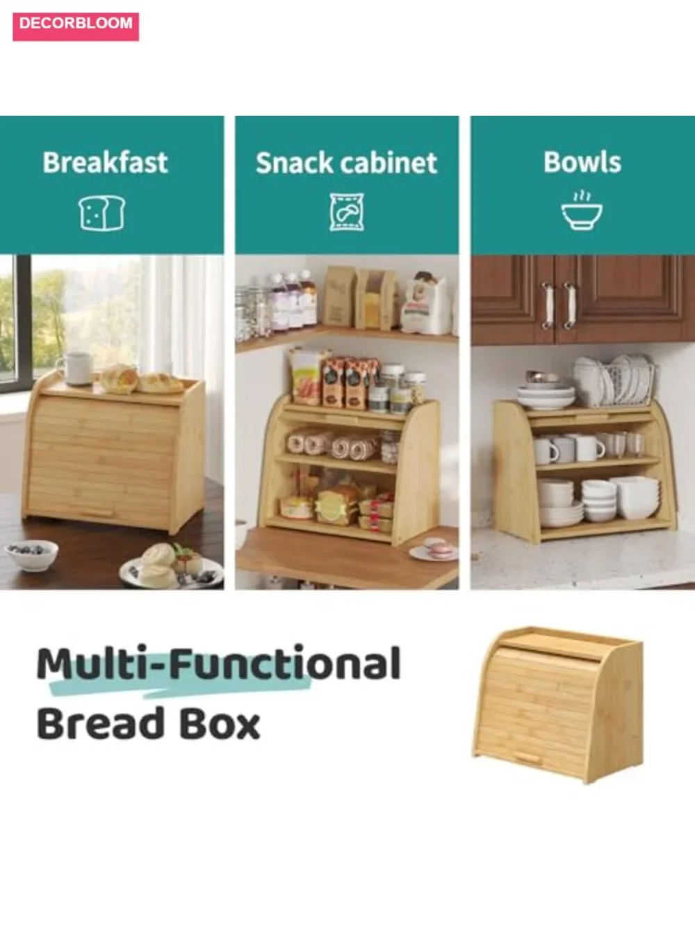 2-Tier Bamboo Roll Top Bread Box Kitchen Countertop Storage